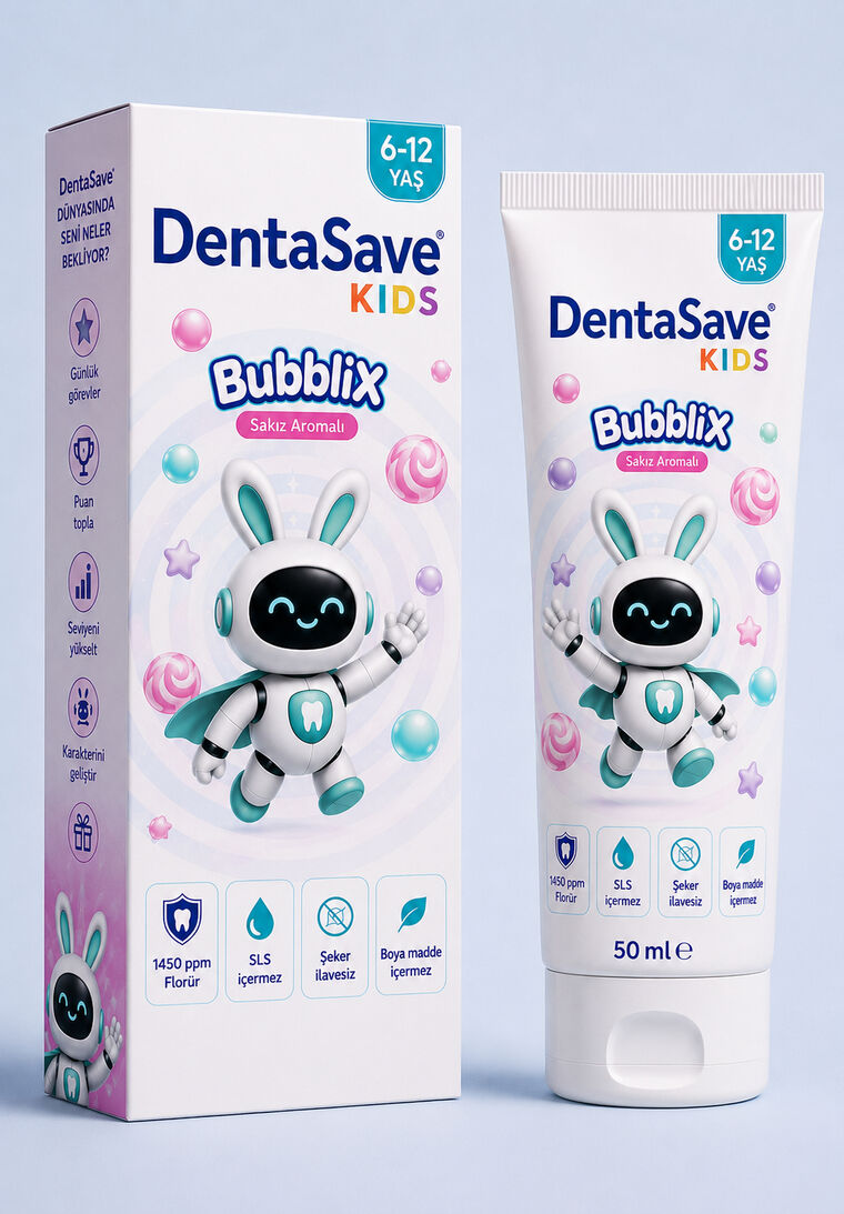 DentaSave Kids BubbliX diş macunu — kutu ve tüp, sakız aromalı, 50 ml, 6–12 yaş